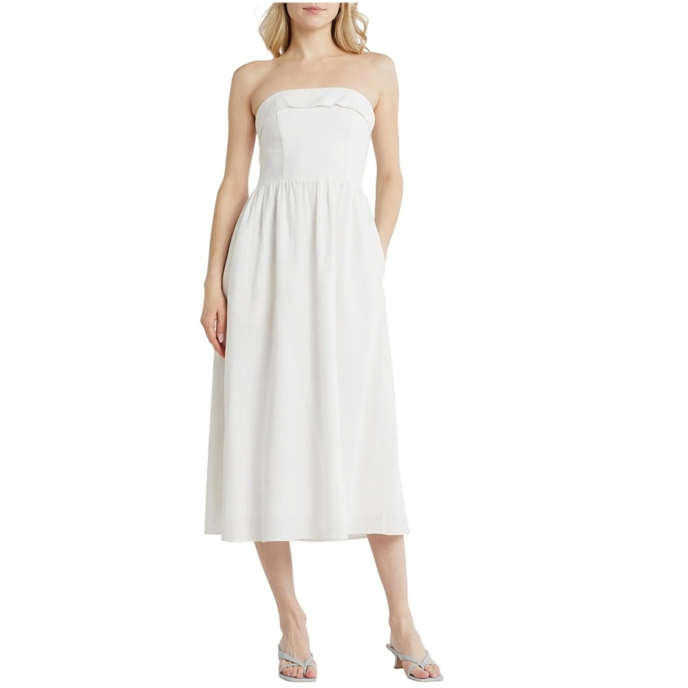 WAYF Strapless Linen‎ Midi Dress White Fit Flare Smocked Back Casual Summer